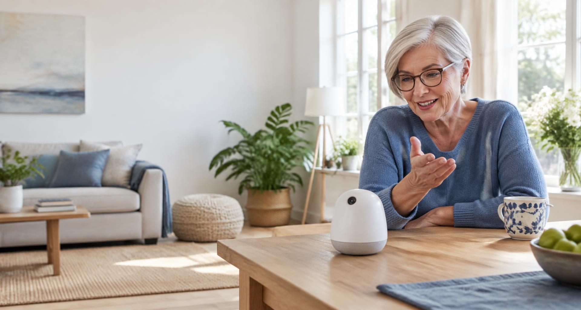 An independent older woman speaking to an Ageus Q companion in her sunlit home